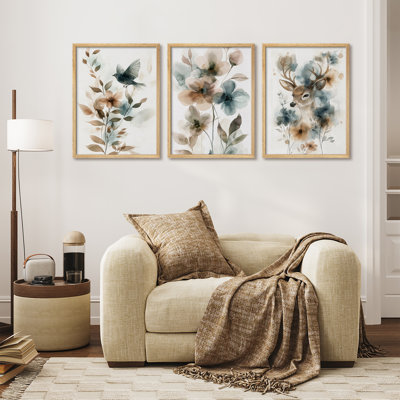 Aquarelle, oiseau, floral, cerf, ensemble d'art mural encadré 3 pièces - Impressions d'animaux doux pour le salon ou la chambre à coucher
