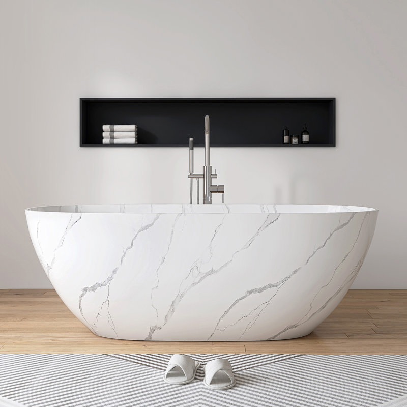63" x 30" Solid Surface Stone Resin Freestanding Bathroom Soaking Bathtub, White