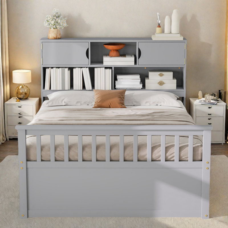 Lit plateforme double pleine grandeur avec bibliothèques de rangement et tablettes, quatre tiroirs, Gris