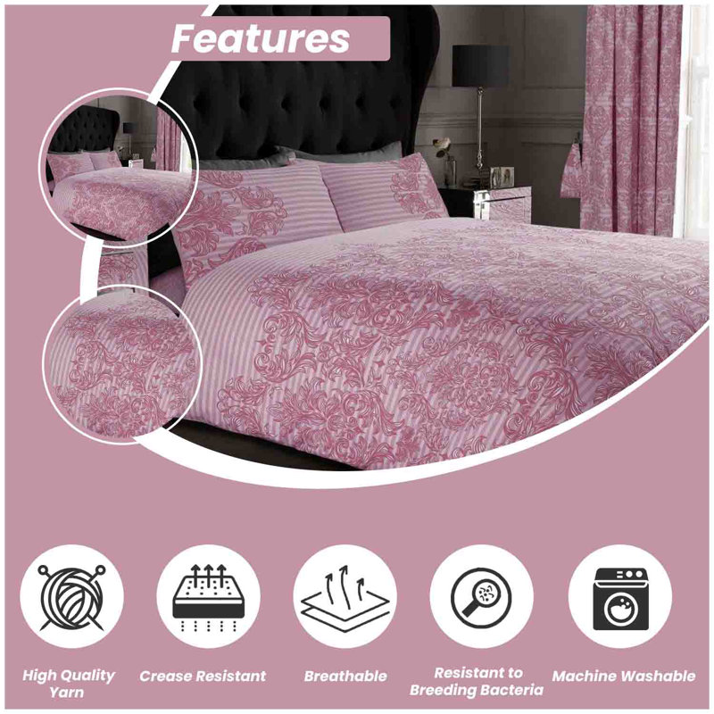 Damask Pattern Duvet Cover Set with Matching Pillowcases - Polycotton Bedding Set - Washable, Super King, Blush Pink