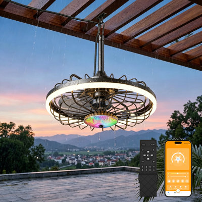19.7" IP65 Waterproof Outdoor Ceiling Fan with Light, RGB Patio Fandelier, 6‑Speed Reversible Quiet Motor, APP & Remote Control, Dimmable LED for Patio Porch Living Room