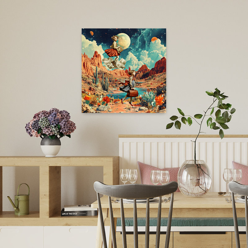 «Dreamy Desert Adventure», art mural de paysage de cheval de cactus rétro coloré