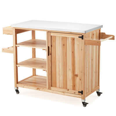 Bar Cart Portable Outdoor Table Made Of Durable Solid Wood And Stainless Steel Countertop Ideal For Kitchen Prep And Grilling