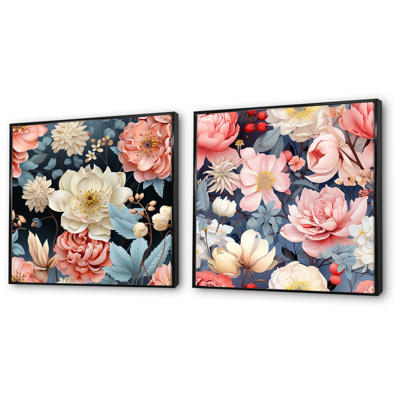 Crader - ensemble de 2 reproductions d'art sur toile florales, Cadre noir, H 16 po x l 33 po x P 1 po