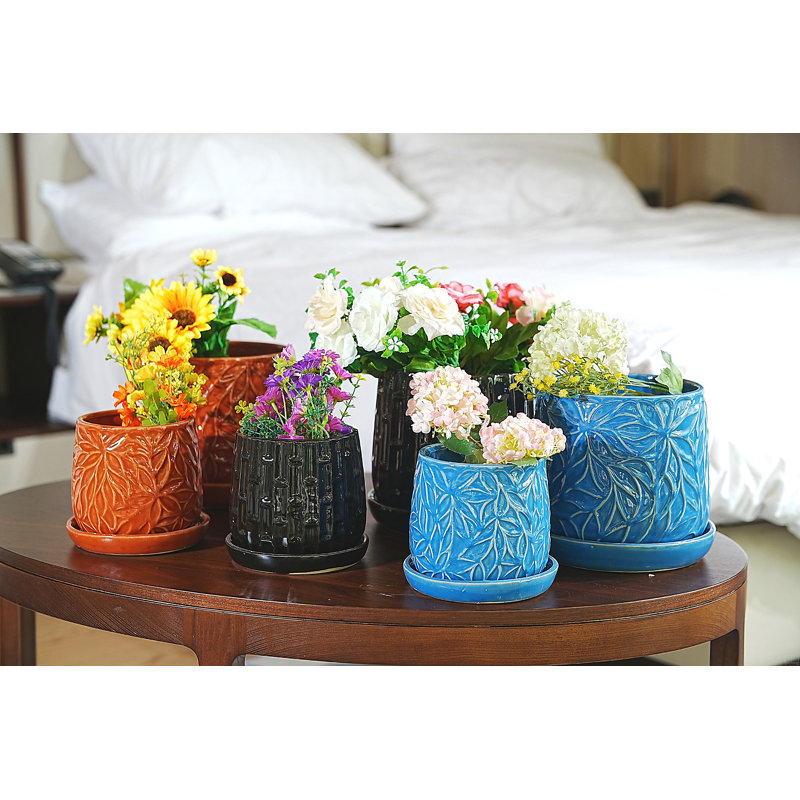 Set Of 2 Ceramic Flowerpot, 7" Modern Planter, Black