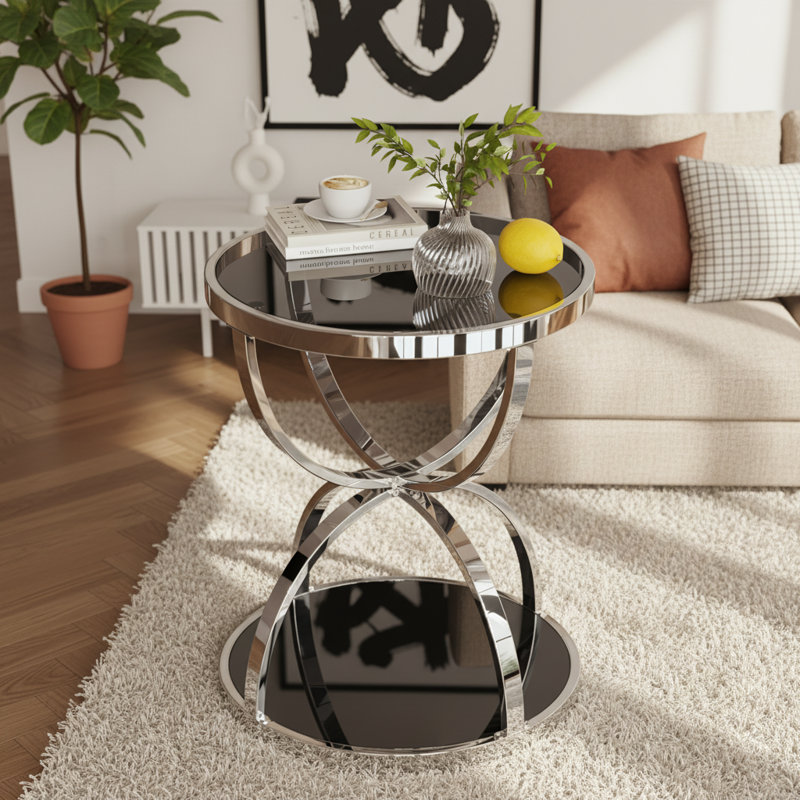 Table d'appoint moderne en verre à structure en anneau à 2 niveaux pour salon, chambre à coucher et bureau, Gris, Argent