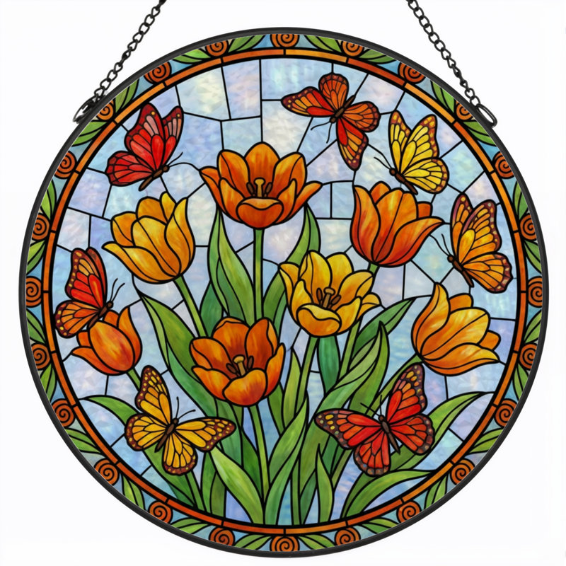7.8"H Tulip Butterfly Stained Glass Window Panel, 7.8" H x 7.8" W