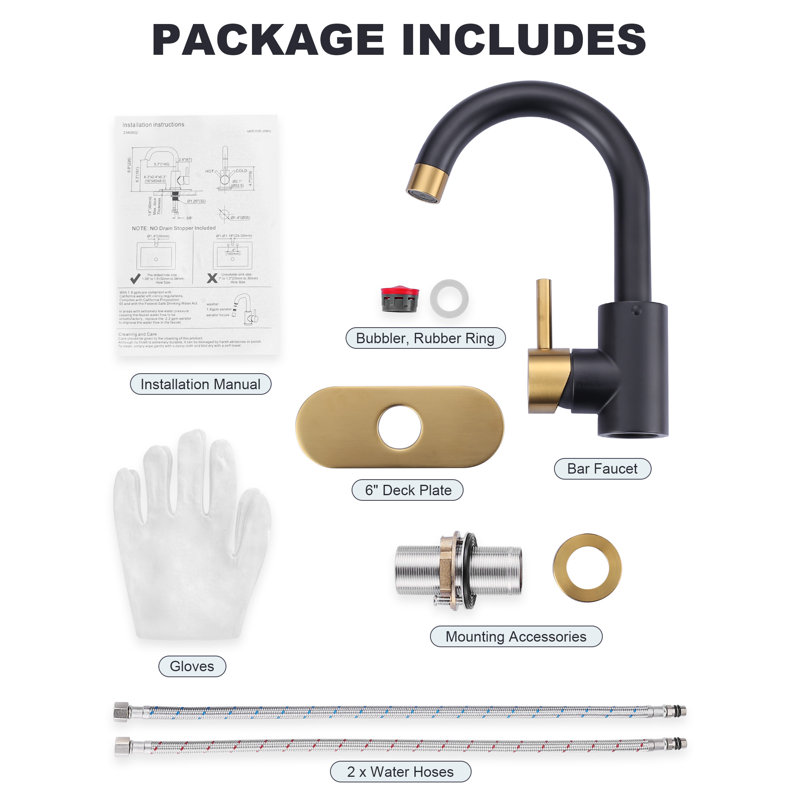 Single Handle Stainless Steel Bar Kitchen Faucet With Swivel Spout And Deckplate, Black/Gold