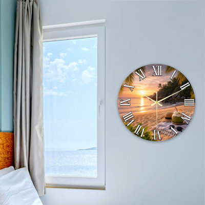 Landscape & Nature Tropical Beach Sunset Coconut Drink Palm Trees Ultra Clear Glass Wall Clock