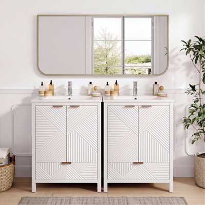 48" Bathroom Vanity Set, Modern Bathroom Vanity with Single Faucet Hole, Textured Door Panels and a Drawer, Pine Legs, Large Storage Space & Soft Close Hinges, White