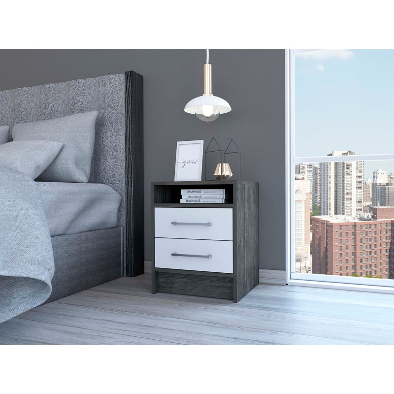 Table de bout, plateau supérieur supérieur, deux tiroirs - chêne Smokey / blanc, Chêne fumé