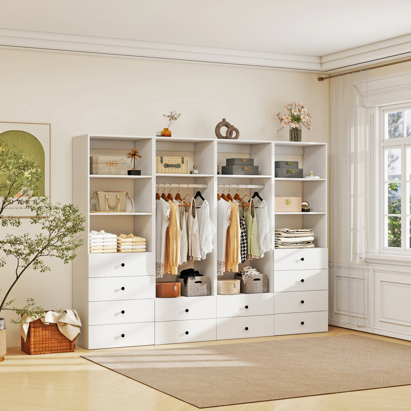Système d'organisation modulaire blanc avec 2 tringles, 8 tablettes et 12 tiroirs