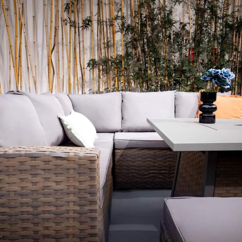 Rosen 9 Seater Corner Sofa Set With Square Fire-pit Dining Table With 3 Stoos &rain Cover