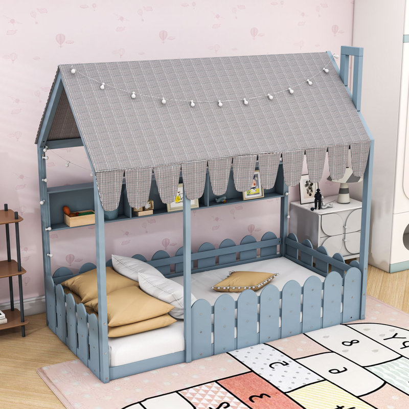 Lit Montessori en forme de maison avec rangement et clôture de sécurité, Lit simple, Gris