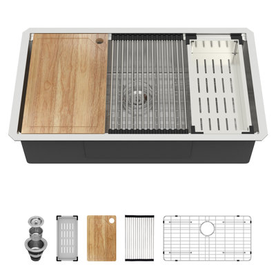 Évier de cuisine encastré 33 po à cuve simple en acier inoxydable de calibre 16 avec accessoires