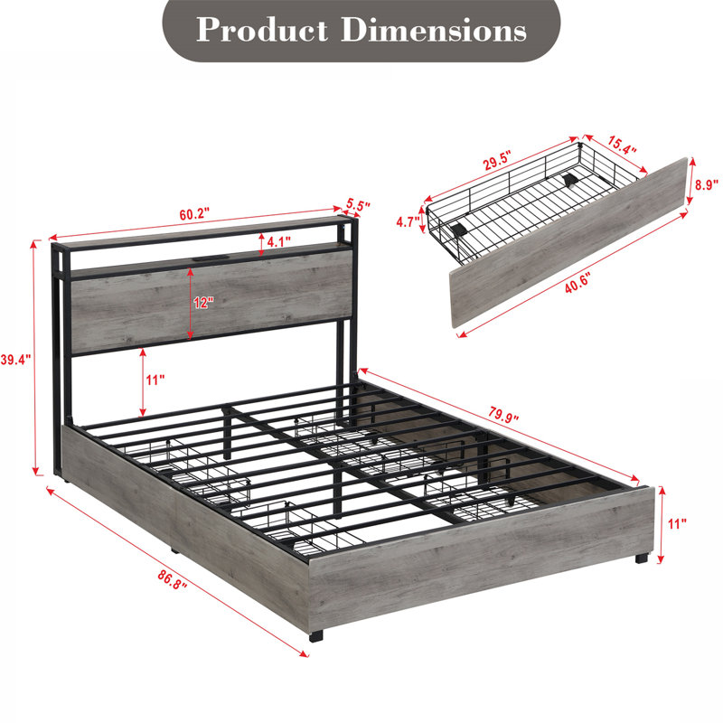 LED Bed Frame With Drawers,Headboard And Charging Station, Gray, Queen
