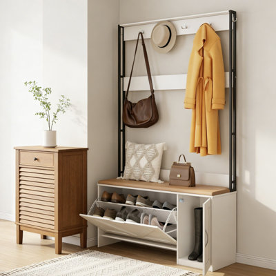 38.58"W Entryway Hall Tree with Bench, Shoe Storage Cabinet & Hooks, Coat Rack Organizer