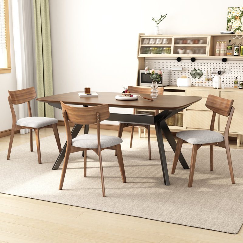Quentarius Upholstered Dining Set With Rubberwood Frame, 4, Light Beige/Walnut