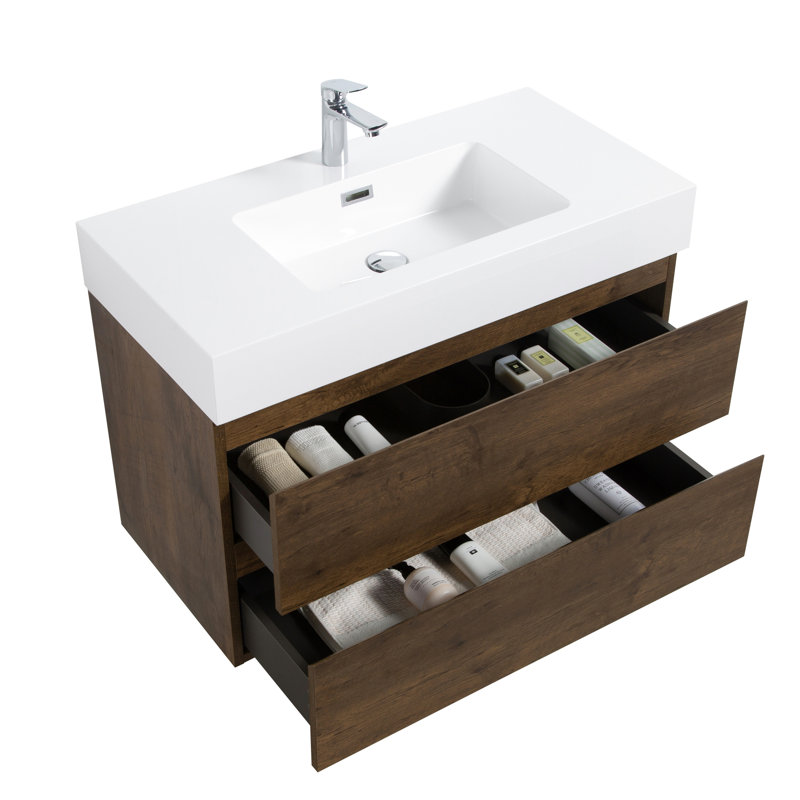 Meuble-lavabo moderne en noyer de 91 cm (36 po) - Lavabo, grand espace de rangement, silencieux, sans poignée, lavabo blanc avec système de fermeture ultra-silencieux et lisse, style contemporain