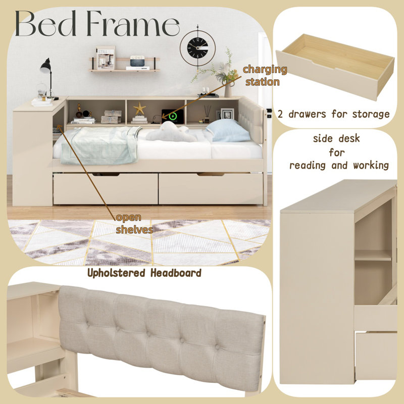 Structure de lit simple en bois avec tablettes ouvertes, bureau, tiroirs et station de charge (crème), Lit simple