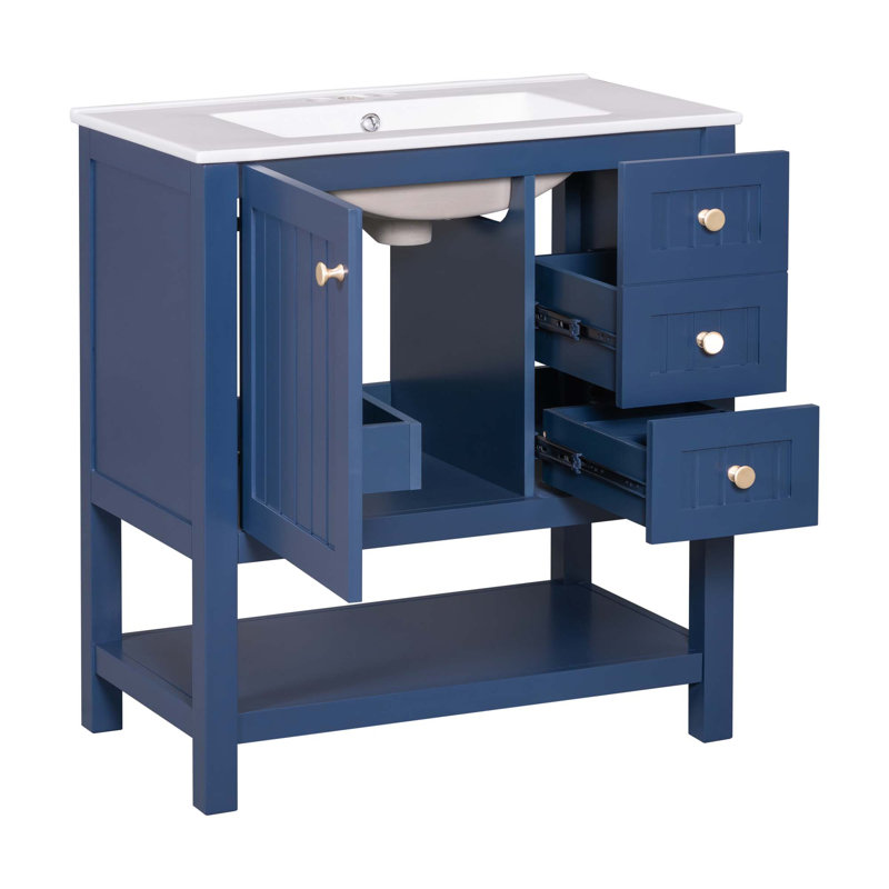 Meuble-lavabo transitionnel avec lavabo, 2 tiroirs et 1 porte, Bleu