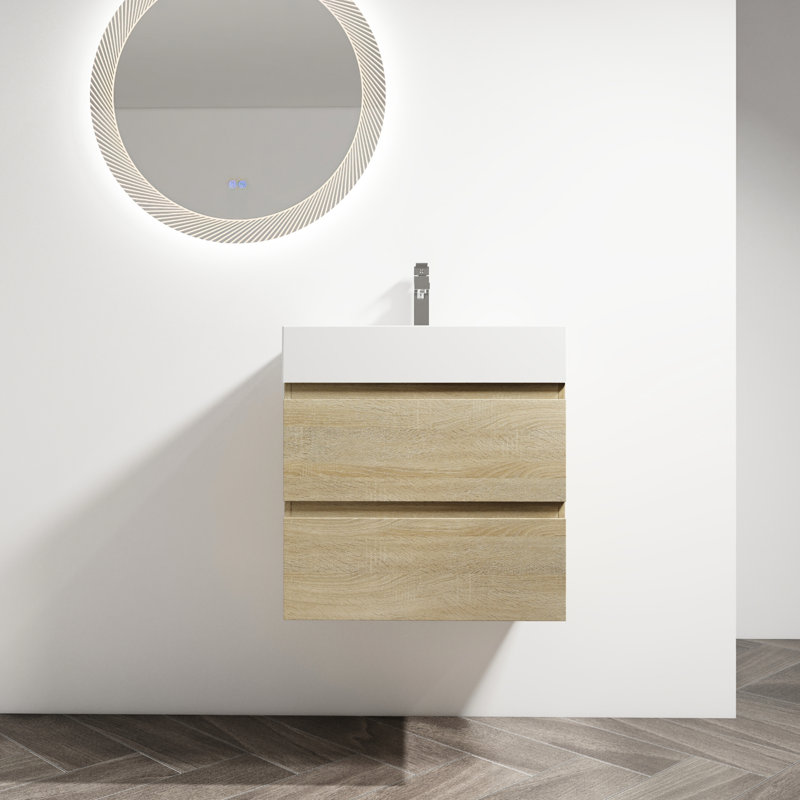 Meuble-lavabo mural de 30 po avec lavabo en résine. Design moderne, 2 tiroirs à fermeture en douceur. Base de contreplaqué, fermeture en douceur pour une utilisation à long terme