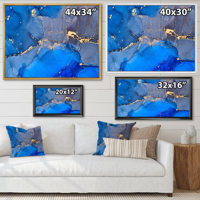 «Blue Luxury Abstract Fluid Art V», reproduction d'art sur toile moderne, H 16 po x l 32 po, Cadre flottant blanc
