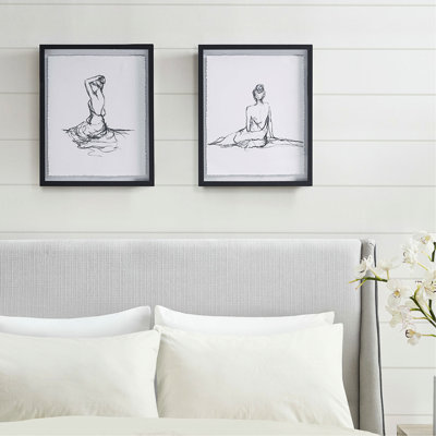 2 Art mural encadré - Croquis de femmes, imprimé en noir et blanc sur des cintres de verre en papier à motif de figurines féminines élégantes
