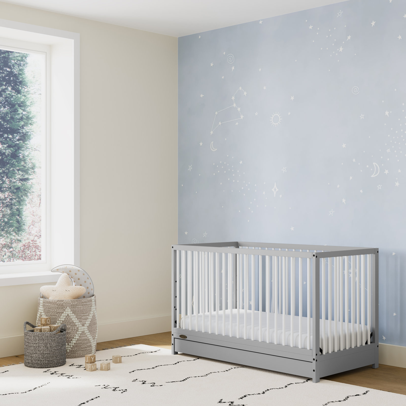 Teddi 5-in-1 Convertible Portable Crib, Pebble Gray/White, Crib + Mattress