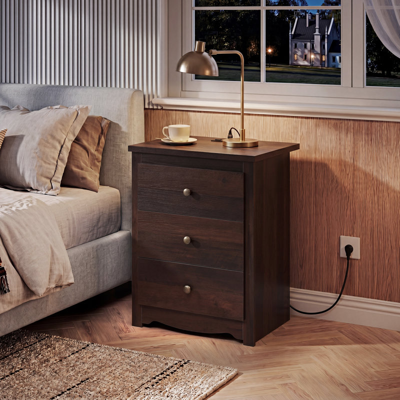Tall Nightstand With Charging Station, Wood Night Stand With 3 Drawers Storage, Bedside Table End Side Tables With 2 USB Ports And Outlets For Bedroom, Closet