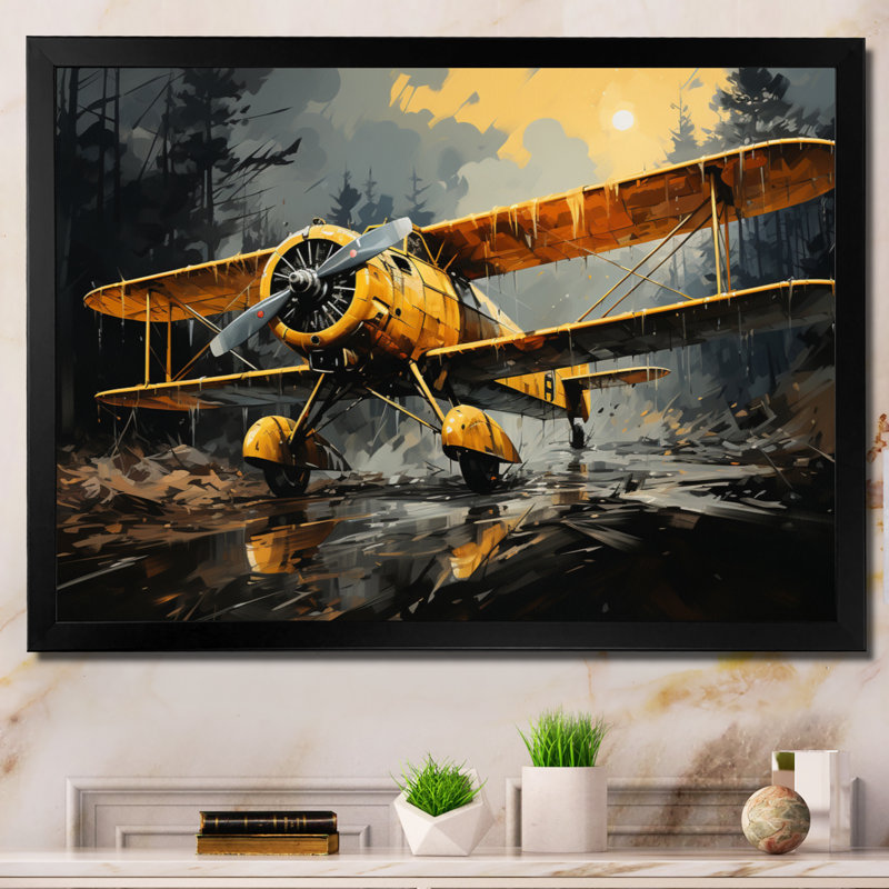 Avion jaune en forêt - imprimé, Cadre simple noir, H 34 po x l 44 po x P 1,5 po