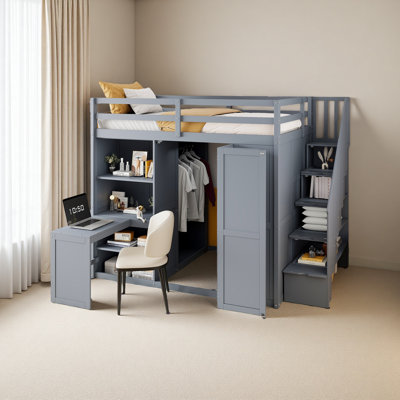Full Size Loft Bed With Wardrobe,Desk And Shelves