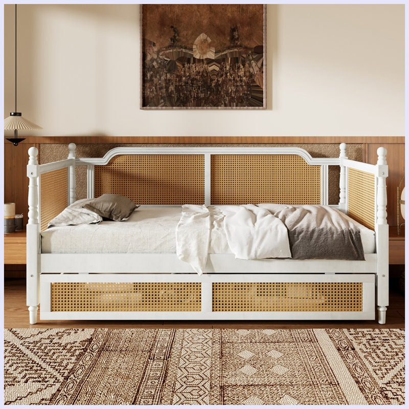 Traditional Style Rattan Daybed with 2 Drawers, Twin, Antique White