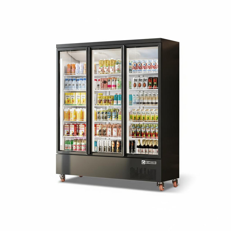 Réfrigérateur commercial à 3 portes de 56,5 pieds cubes, marchandiseur à refroidissement par air pulsé de 1 600 L avec vitre double et roulettes robustes