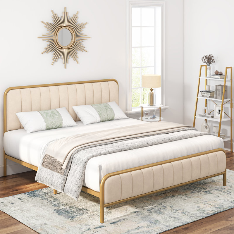Upholstered Platform Bed with Velvet Headboard, White, Twin