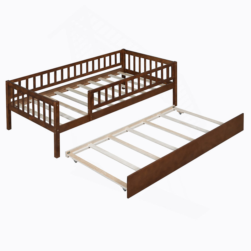 Wood Daybed With Trundle And Fence Guardrails, Walnut, Twin