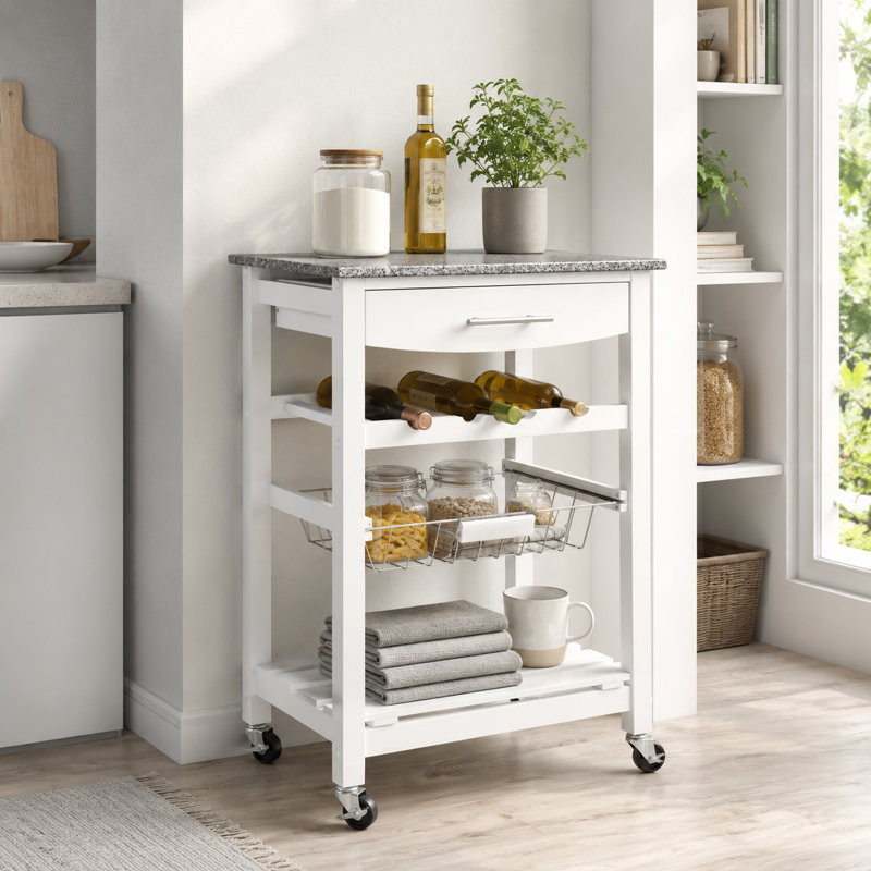 Chariot d'îlot de cuisine mobile en métal blanc, comptoir en marbre avec tiroirs et paniers en métal coulissants, chariot de rangement multifonctionnel avec roulettes.