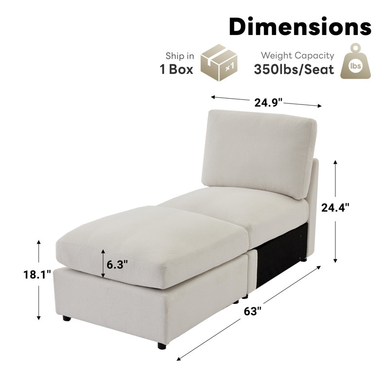 Modular Couch Upholstered Armless Sofa with Ottoman, Beige Polyester Blend