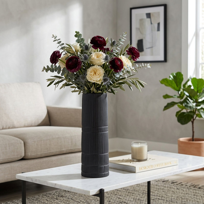 Rachael Modern Neutral Ceramic Vase, 15" H x 5" W x 5" D, Black