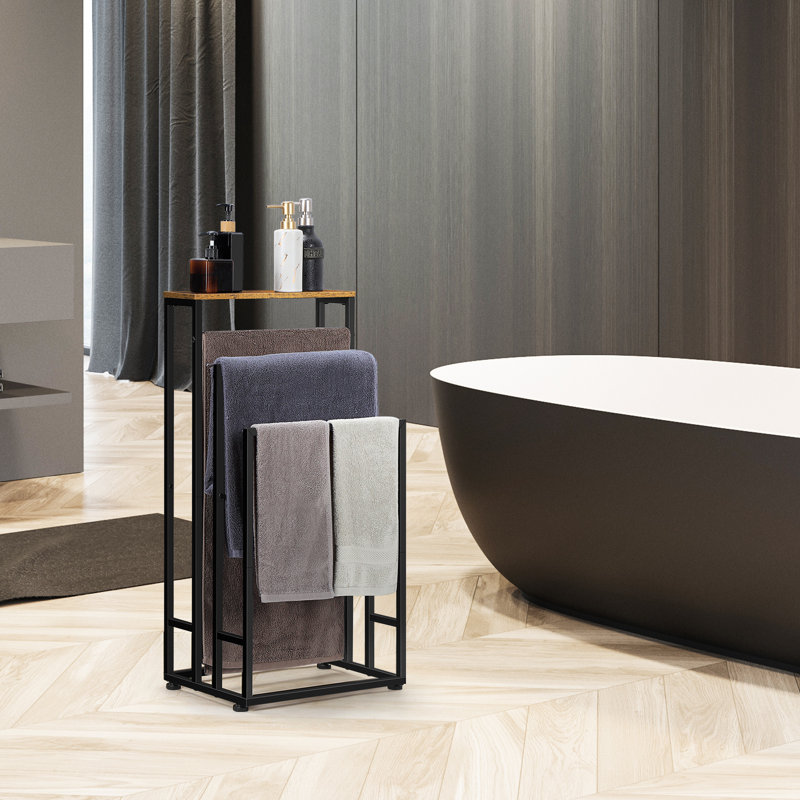 Porte-serviettes sur pied avec tablette supérieure en bois, Bronze
