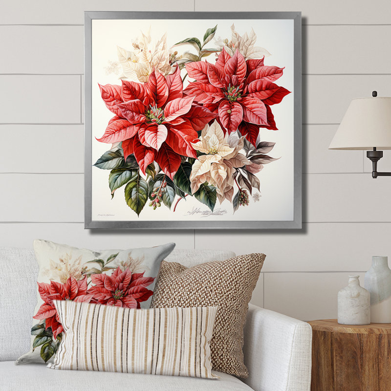 Charmant poinsettias sur toile, Cadre simple argenté, H 24 po x l 24 po x P 1 po