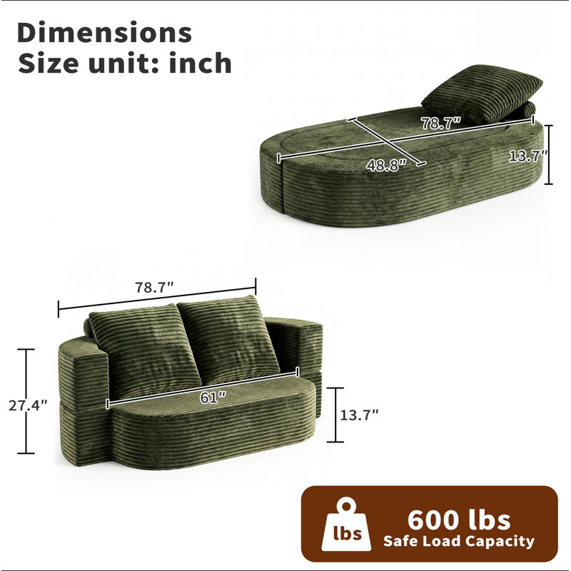 78.7" Full Size Floor Sofa, Folding Queen Sleeper Couch, Futon Loveseat Sofa, Plush Corduroy Foam-Filled Sleeper Couch Bed, Fold Mattress Bed For Living Room, Guest Use, Office, Apartment