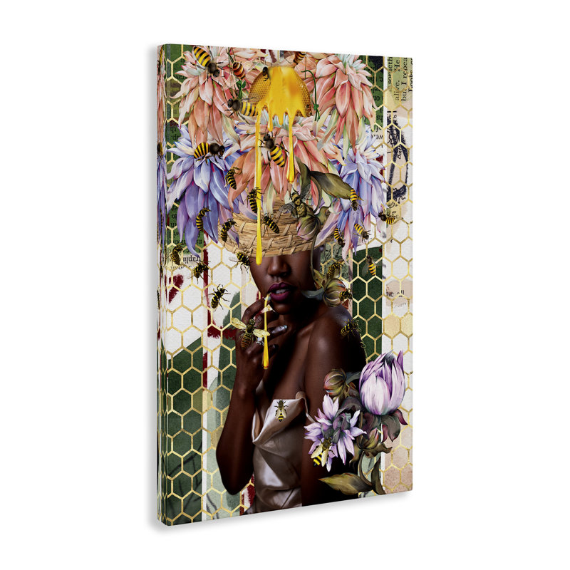 «Glam & Honeycomb Queen Bee», art mural sur toile par Yvonne Coleman Burney, H 45 po x l 30 po