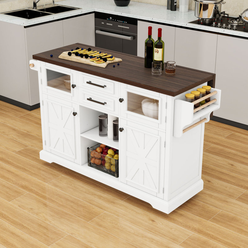 Kitchen Island with Drop Leaf, Charging Station, 2 Drawers and Adjustable Shelves, White