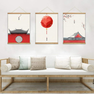 Vibrant Red Chinese Style Wall Hanging Poster Wooden Framed Picture Artwork