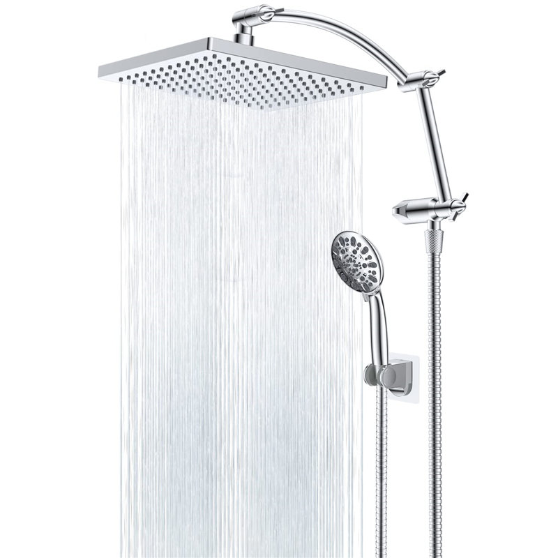 10-Inch Rainfall Shower Head With High-Pressure Handheld Spray, 16-Inch Adjustable Curved Shower Arm Extension, 7 Spray Settings, 71-Inch Hose & Sticky Shower Holder