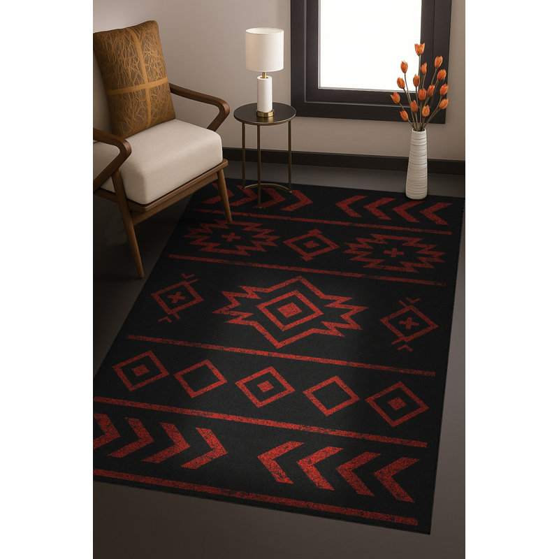 Tapis noir tissé à motif lavable traditionnel Mosso, 2'6" x 4'11"