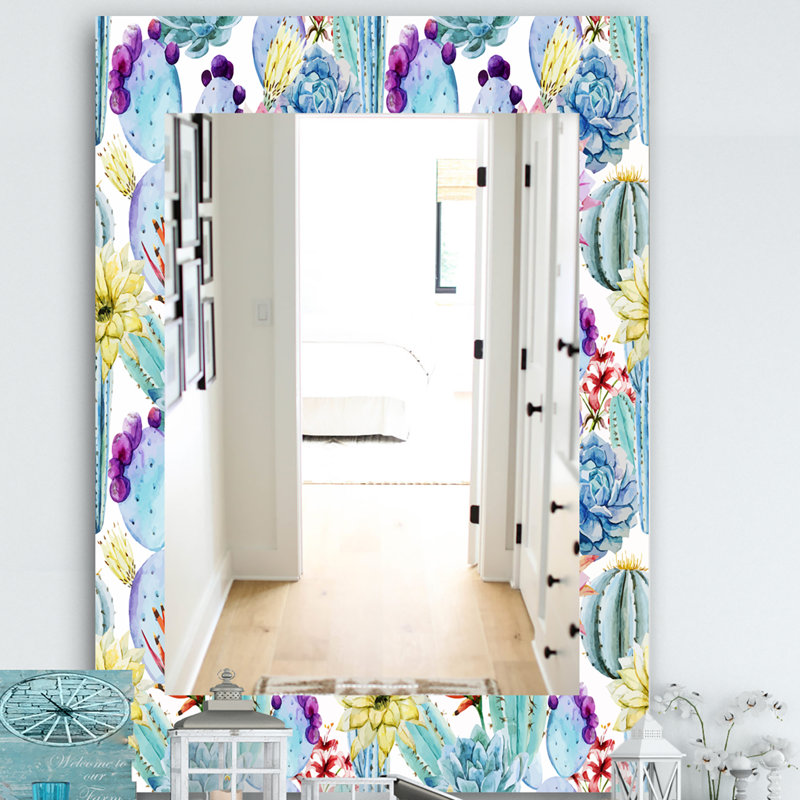 Cactus de fleurs avec miroir mural tropical, H 39,4 po x l 29,5 po