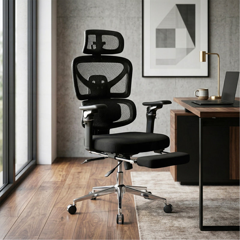 Fauteuil de bureau ergonomique avec support lombaire à massage, appui-tête 4D et accoudoirs 5D, dossier réglable haut et profondeur d'assise (noir)