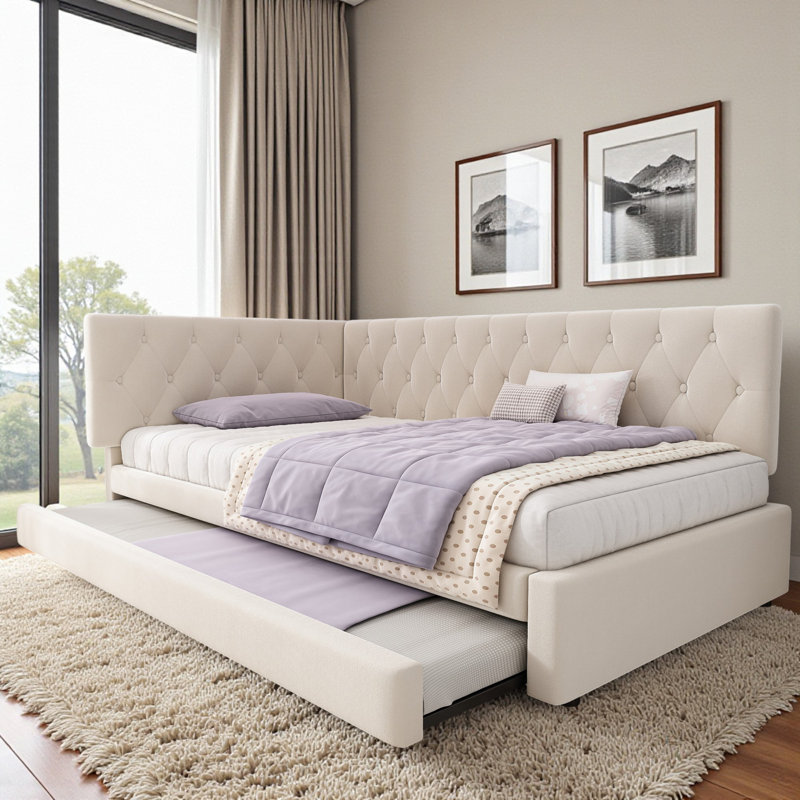 Upholstered Daybed with Trundle, Beige